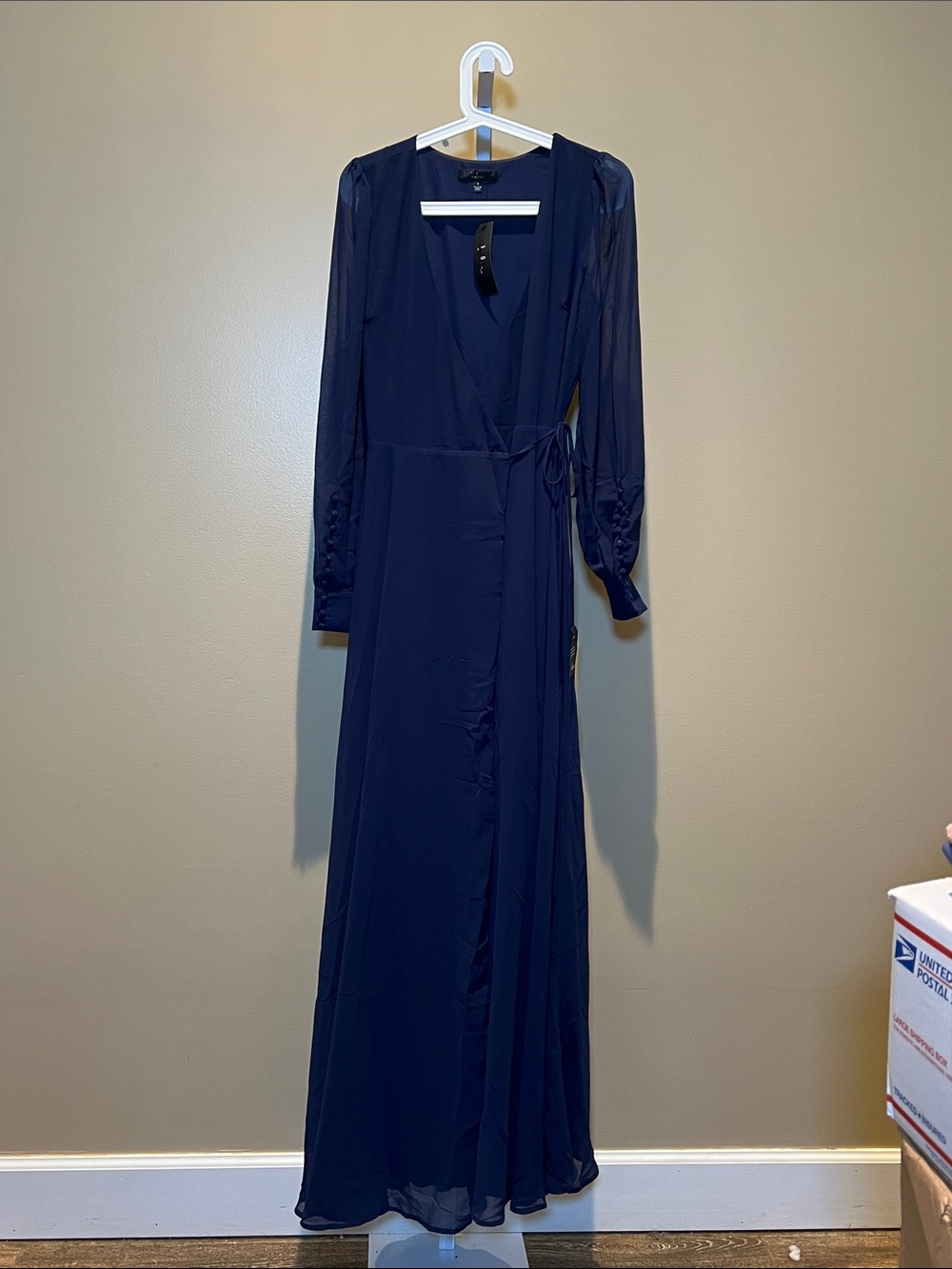 Lulu's Navy Wrap Maxi Dress with Sheer Long Sleeves